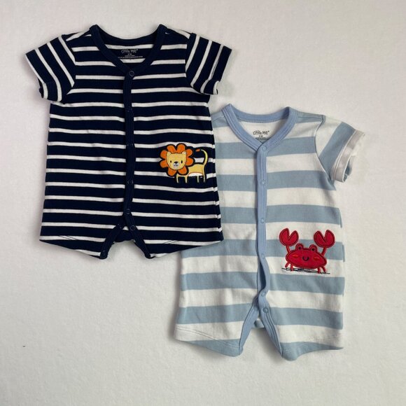 Little Me Baby Boy Set Striped Rompers Embroidered Lion & Crab 3M Summer Comfort - Picture 1 of 10